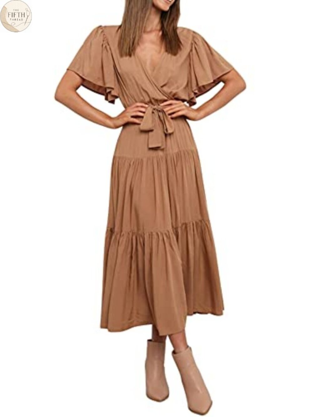 Womens A-Line Midi Dress Ruffle V-Neck Short Sleeve Belted